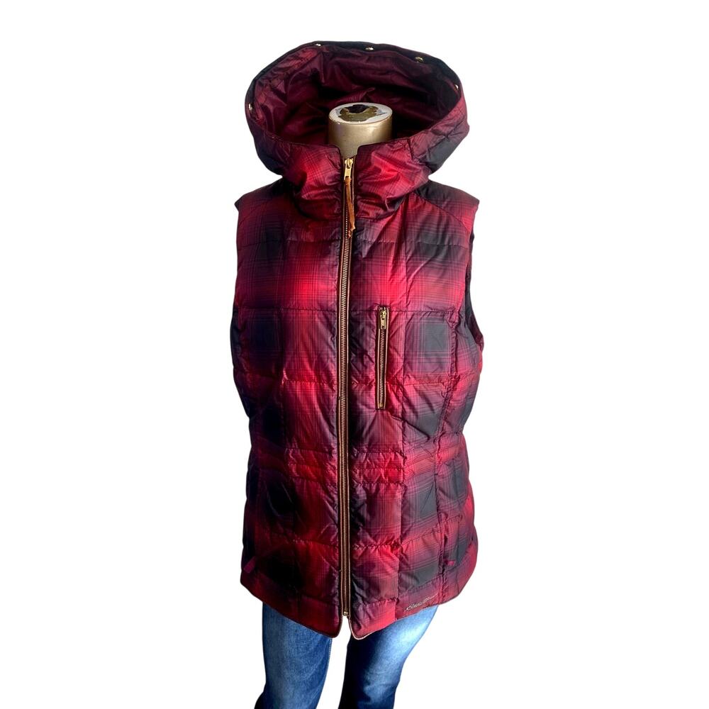 Eddie Bauer Red Black Plaid Down Puffer Vest Hooded Womens Large
